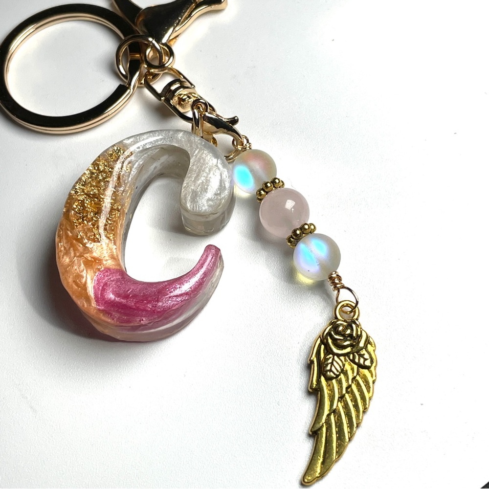 Custom Orange and Pink Letter “C”Keychain with Rose Quartz and Gold Wing Charm - Picture 3 of 9